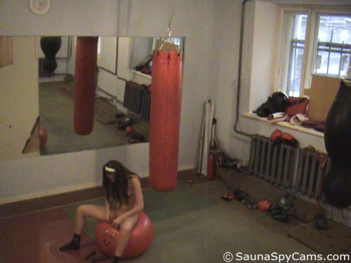 Nude fitball training filmed on a gym voyeur cam